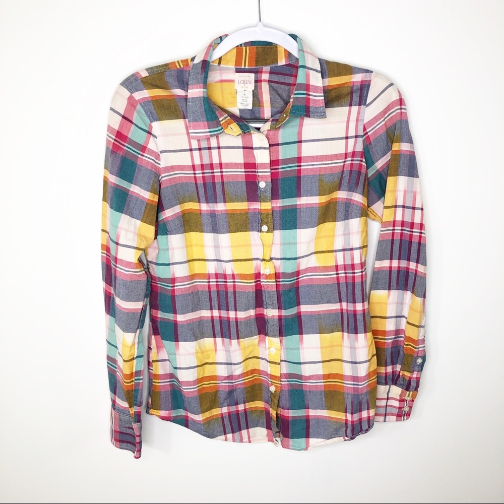 J‎ Crew Factory spring colored plaid button up top